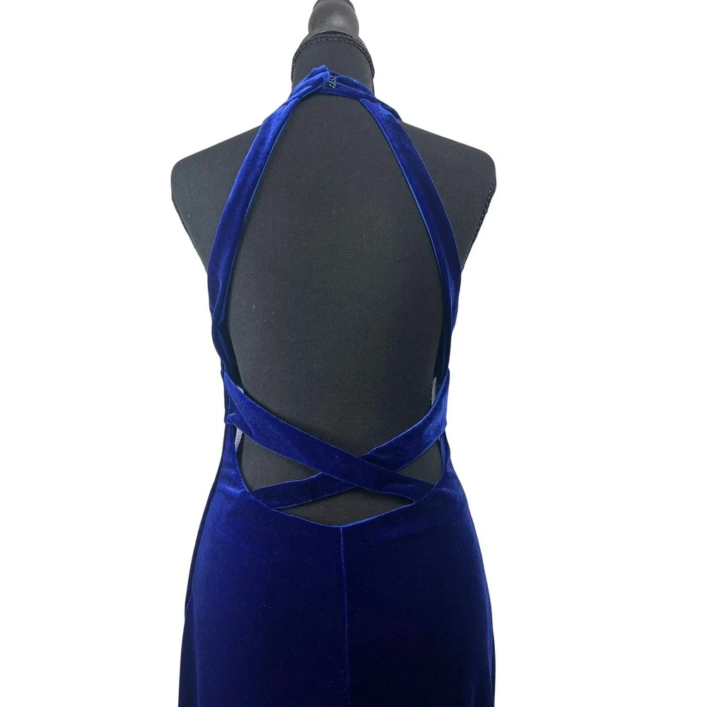 VTG Morgan & Co Royal Blue Velvet Mesh Maxi Dress S Prom Old Hollywood Open Back - Picture 5 of 11